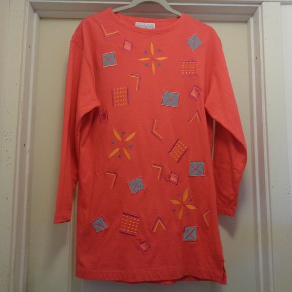 VINTAGE SEGRETS SUN PRINTS TEE SHIRT TUNIC DRESS W GEO EMBLEMS S - Picture 2 of 5